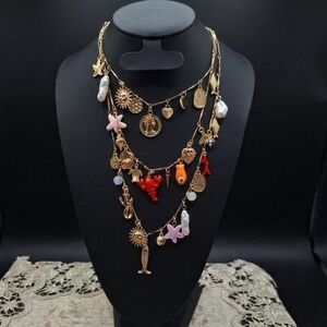 Zara Inspired Gold Multi-Charm Layered Necklace with Red and Pink Accents